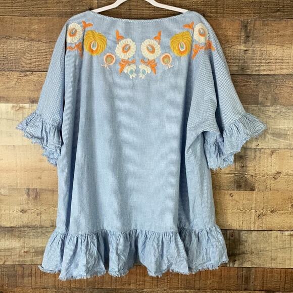 Zara Woman White Blue Gingham Check Print Floral Embroidered Tunic Top SZ Medium - Picture 7 of 11